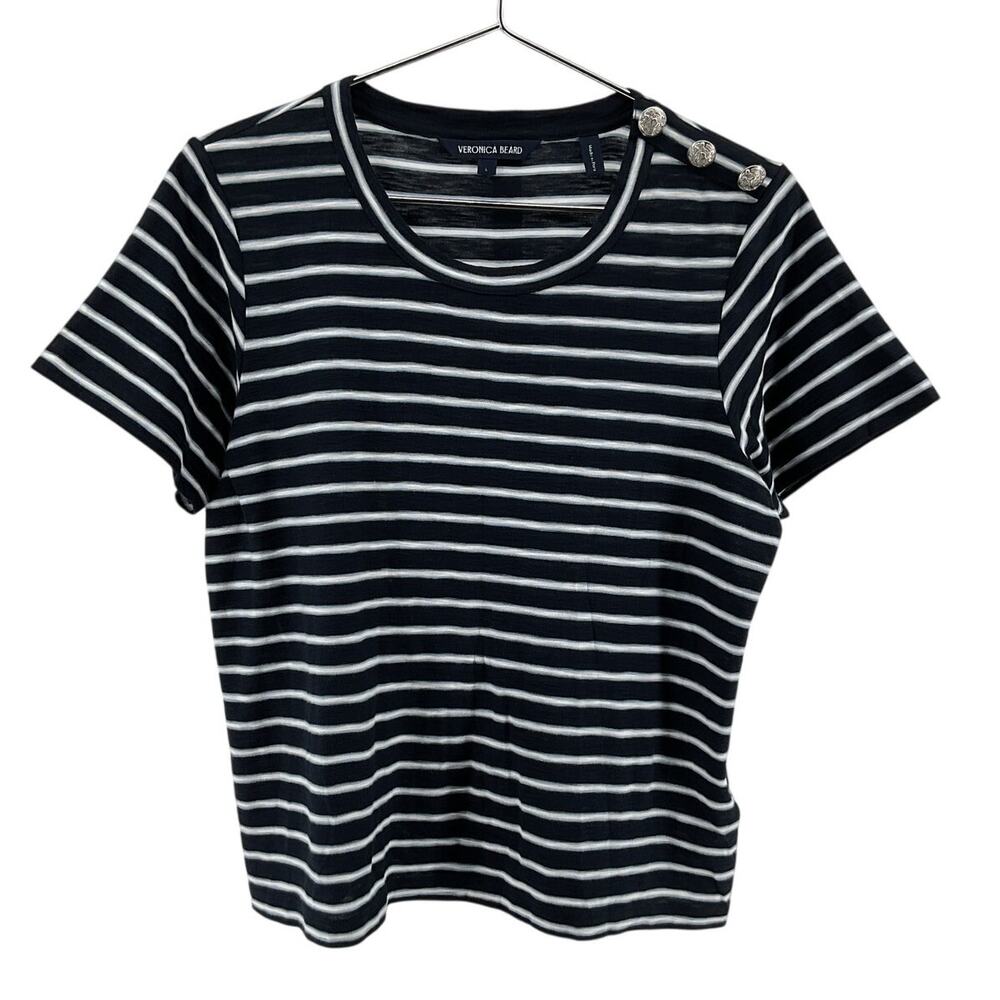 Veronica Beard Button Detail Striped Carla T Shirt Size L - Picture 2 of 7